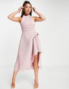 Asos Design High Neck Plisse Prom Midi Dress In Rose-pink