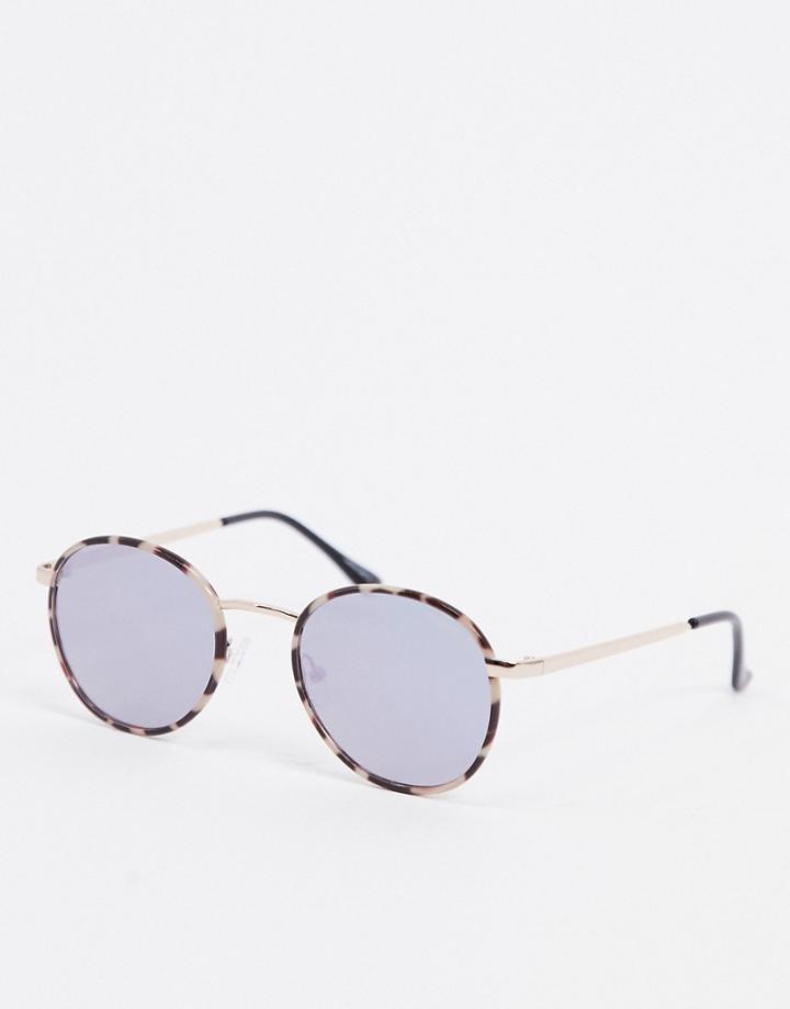 Quay Australia Omen Round Sunglasses In Cream Tort With Blue Lens-multi