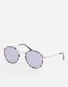 Quay Australia Omen Round Sunglasses In Cream Tort With Blue Lens-multi