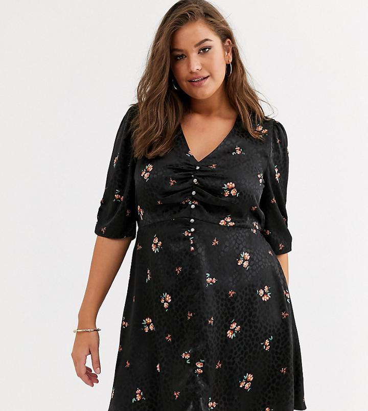 Simply Be Tea Dress With Button Detail In Black Jacquard Ditsy Floral