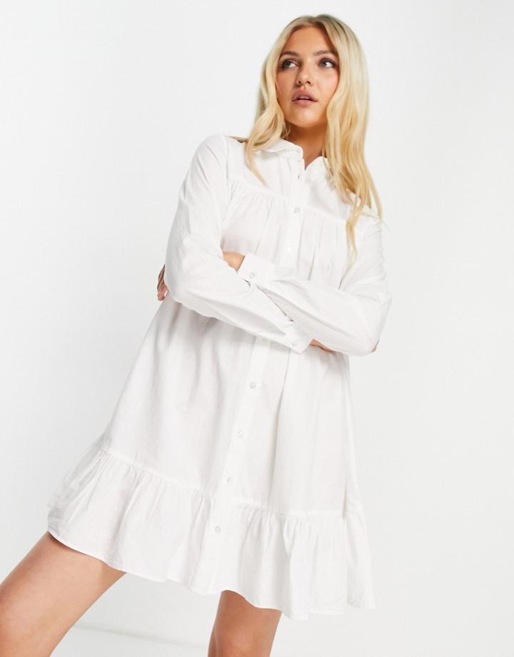Asos Design Cotton Mini Smock Shirt Dress With Pep Hem In White