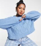 Glamorous Curve Boxy Cropped Knitted Sweater In Blue Cable