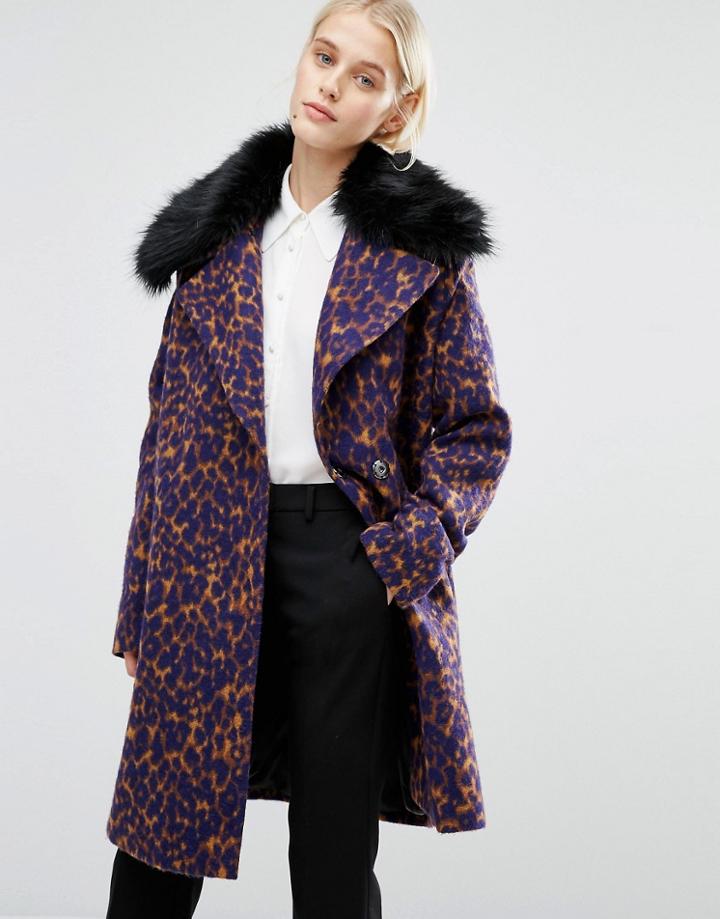 Lost Ink Smart Coat With Faux Fur Collar In Leopard Print - Multi