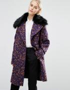 Lost Ink Smart Coat With Faux Fur Collar In Leopard Print - Multi