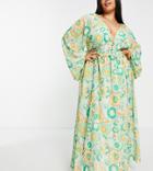 Asos Design Curve Soft Shirred Waist Open Back Maxi Dress In Green Floral-multi