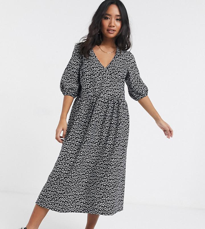 Asos Design Petite Mono Floral Jacquard Wrap Smock Dress-multi