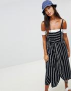Pull & Bear Button Front Stripe Dress In Black - Black