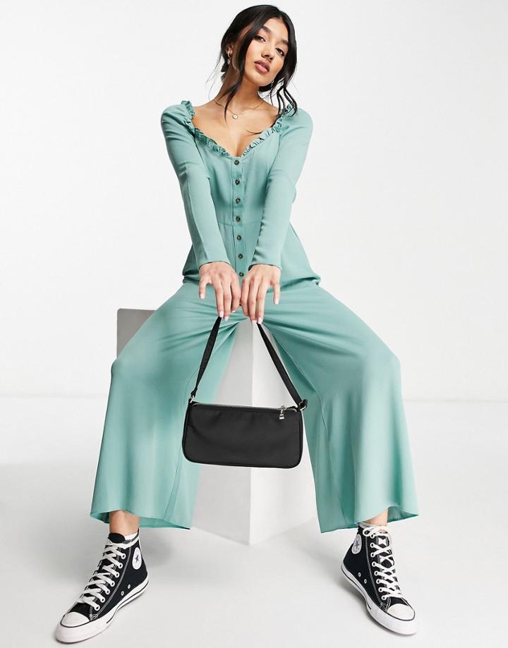 Asos Design Bubble Crepe Long Sleeve Milkmaid Tea Jumpsuit In Dark Sage-green