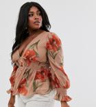 Skylar Rose Plus Plunge Front Blouse With Shirring In Orchid Print-tan