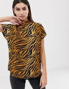 Asos Design Short Sleeve High Neck Top In Tiger Animal Print - Multi