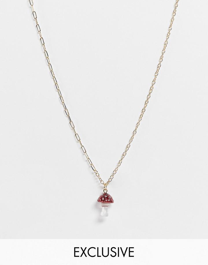Reclaimed Vintage Inspired Unisex Necklace With Crystal Mushroom Pendant In Gold
