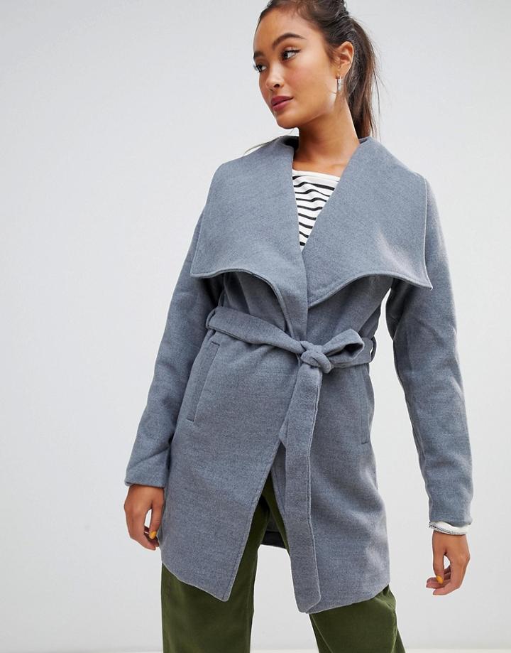 Parisian Waterfall Coat With Tie Belt Detail - Gray