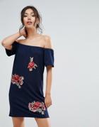 Club L Bardot Embroidery Detail Dress - Navy