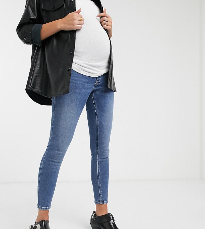 Topshop Maternity Jamie Overbump Skinny Jeans In Mid Wash-blues
