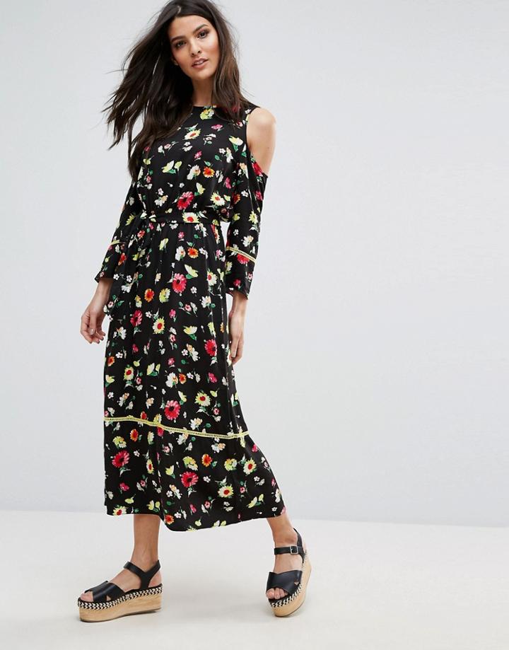 Warehouse Cold Shoulder Floral Midi Dress - Multi
