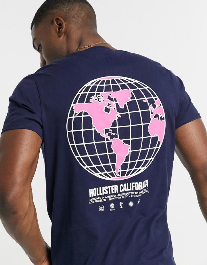 Hollister Back World Logo Print T-shirt In Navy