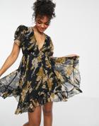 Asos Design Button Through Mini Dress In Black Vintage Floral Print-multi