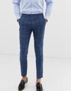 Gianni Feraud Slim Fit Linen Blend Check Suit Pants - Blue