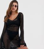 South Beach Long Sleeve Crochet Beach Dress In Black - Black