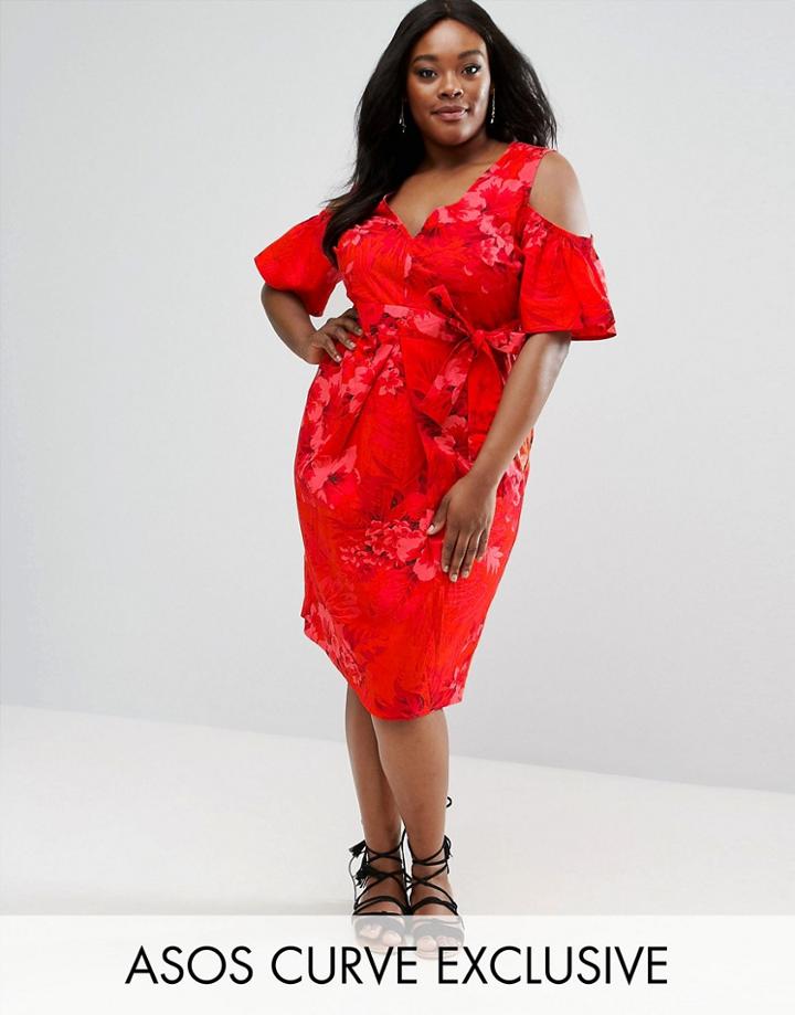 Asos Curve Midi Dress In Tropical Print With Tie Front And Cold Shoulder - Multi