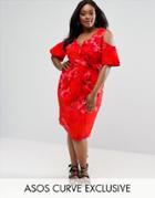 Asos Curve Midi Dress In Tropical Print With Tie Front And Cold Shoulder - Multi