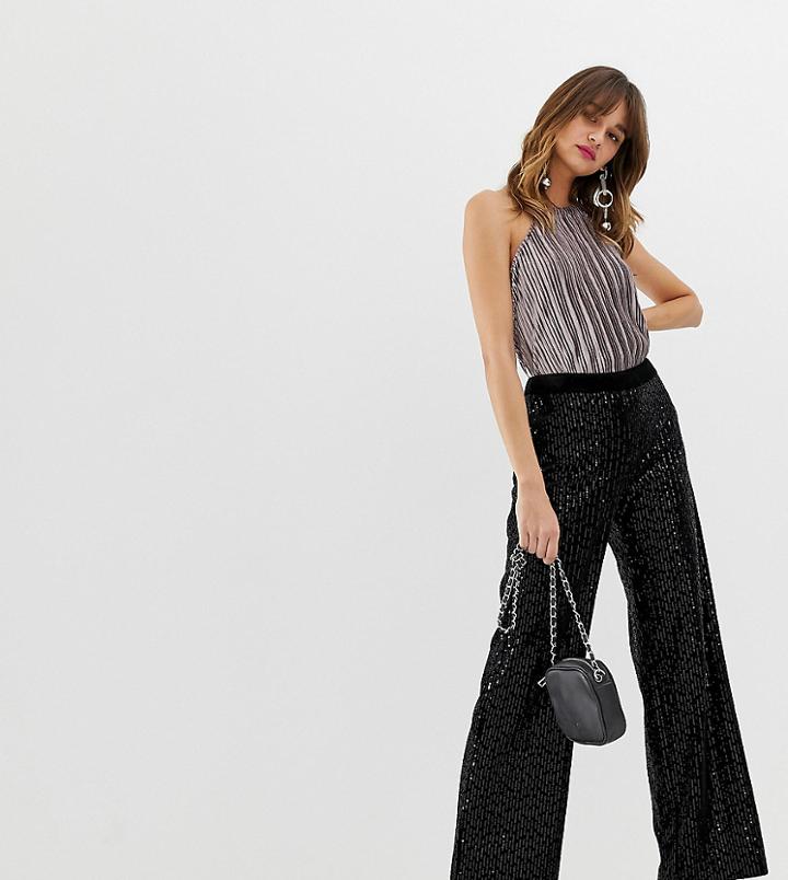 River Island Wide Leg Sequin Pants In Black - Black