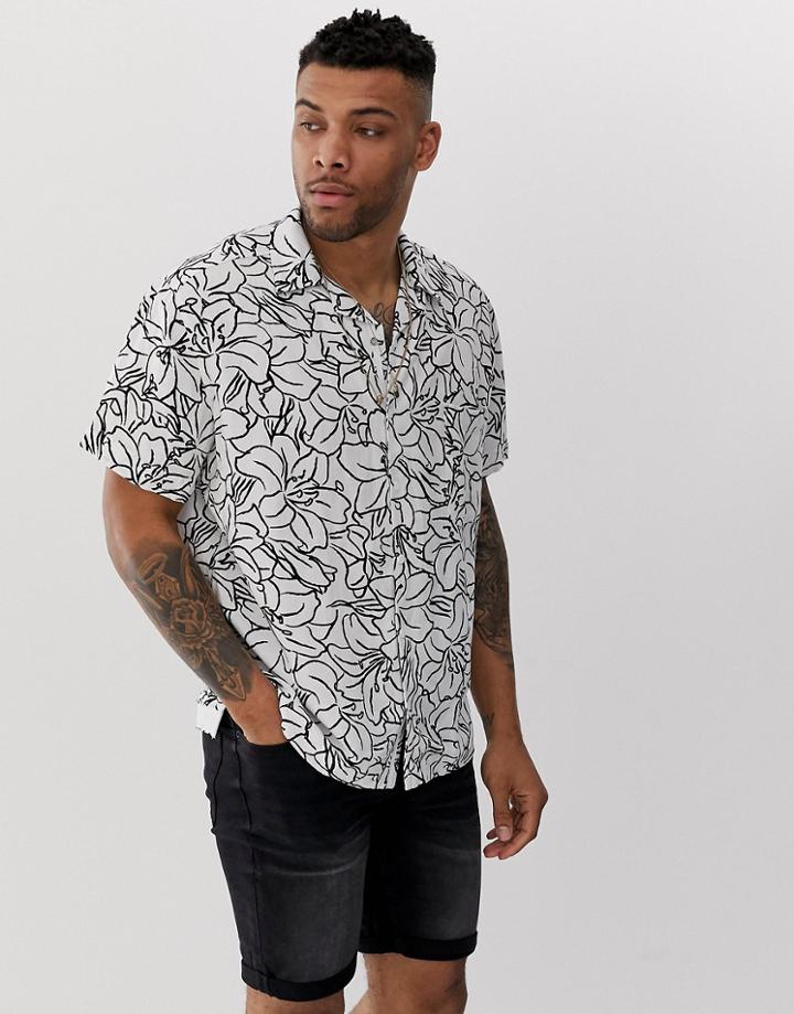 Boss Lapis Linen Floral Revere Collar Short Sleeve Shirt In White - White