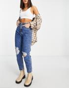 Pull & Bear High Waist Mom Jeans With Vintage Rips In Dark Blue-blues