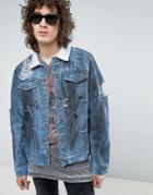 Roadies Of 66 Destroyed Indigo Denim Jacket With Sherpa Collar - Blue