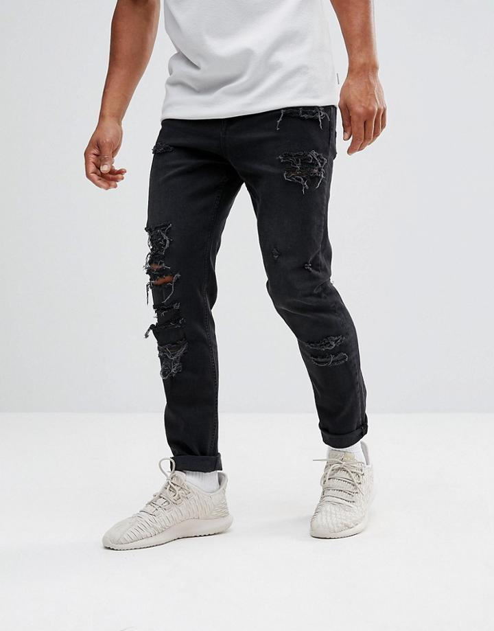 Asos Tapered Jeans In 12.5oz In Washed Black With Heavy Rips - Black