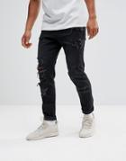 Asos Tapered Jeans In 12.5oz In Washed Black With Heavy Rips - Black