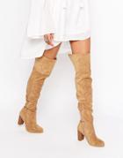 London Rebel Heeled Over The Knee Boots - Taupe Microfibre