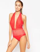 Asos Square Cut Out Plunge Halter Swimsuit - Red