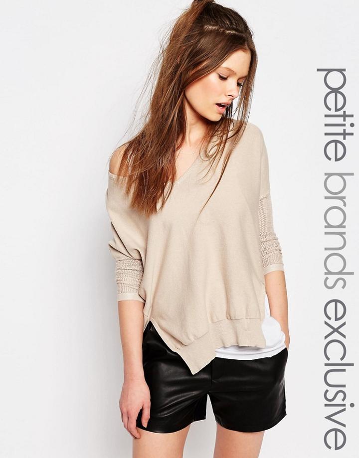 One Day Petite Side Split Soft Knit Sweater - Oatmeal