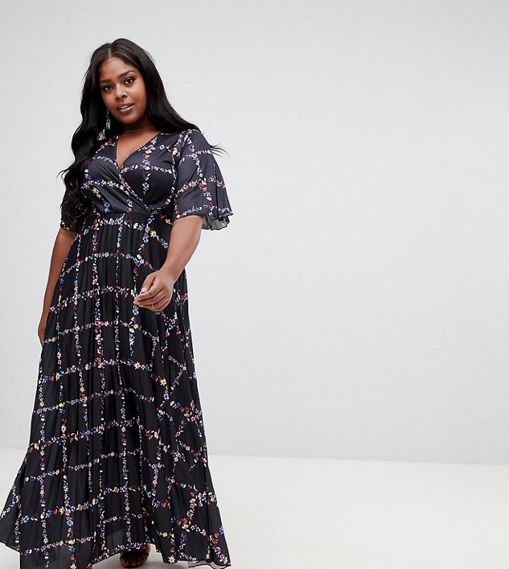 Asos Curve Kimono Pleated Maxi Dress With Print - Multi