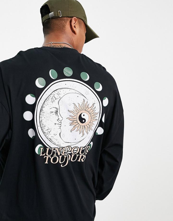 Asos Design Oversized Long Sleeve T-shirt In Black With Celestial Front & Back Print