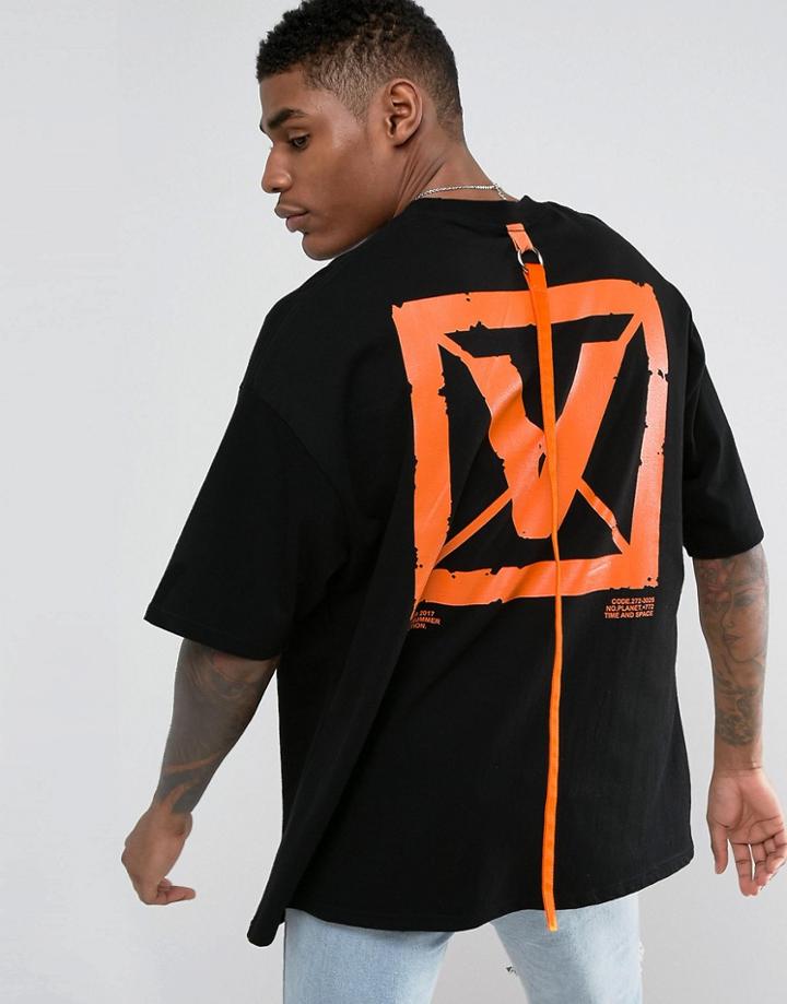 Visionair Oversized T-shirt In Black With Back Print And Taping - Black