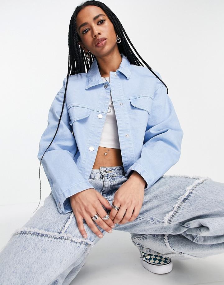 Bershka Cotton Canvas Jacket With Large Pockets In Light Blue