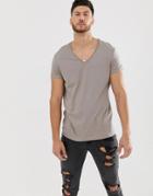 Asos Design T-shirt With Deep V Neck And Roll Sleeve In Beige - Beige