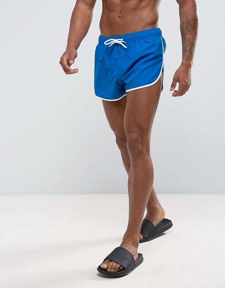 Asos Swim Shorts With Extreme Side Split And Contrast Binding In Super Short Length - Blue