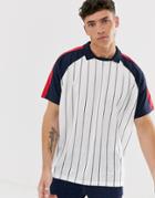 Asos Design Oversized Turtleneck Detail In Vertical Stripe And Contrast Sleeves-white