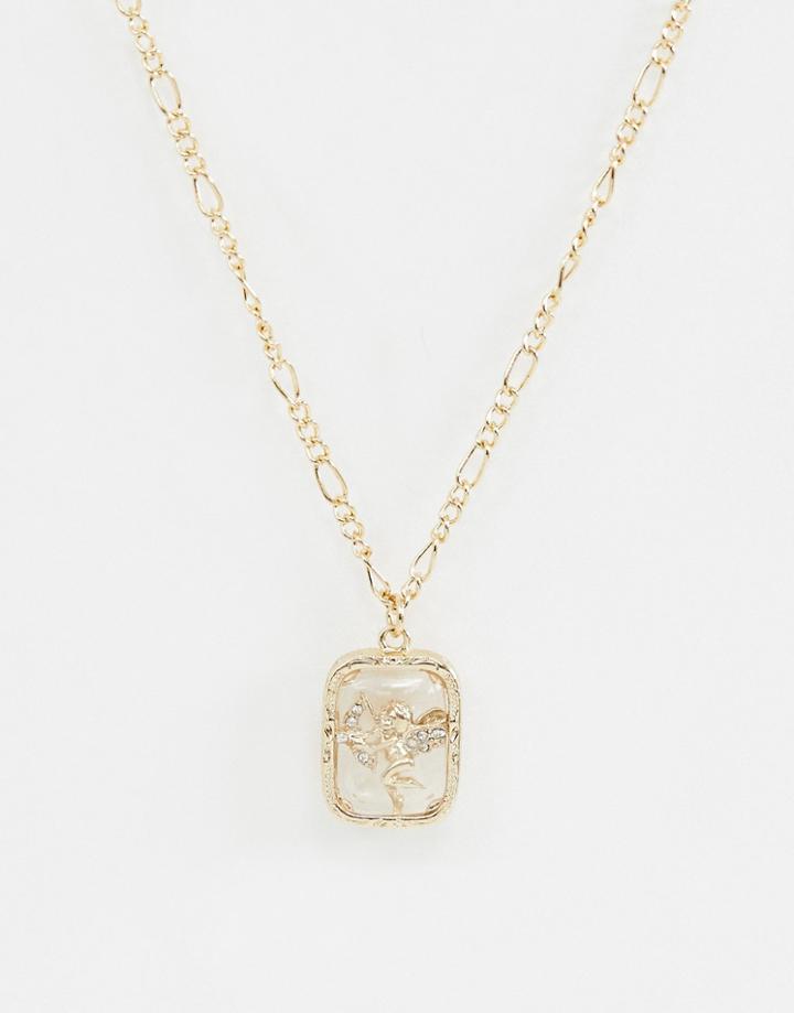 Asos Design Necklace With Vintage Style Icon Trapped Resin Pendant In Gold - Gold