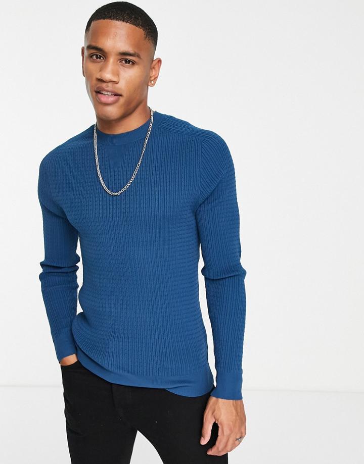 River Island Muscle Fit Knit Sweater In Blue-blues