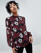 Pieces Floral Print High Neck Blouse - Red