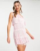 Asos Design Tiered Fringe Mini Beach Dress In Pink
