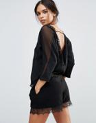 Amy Lynn Long Sleeve Open Back Top With Lace Detail - Black