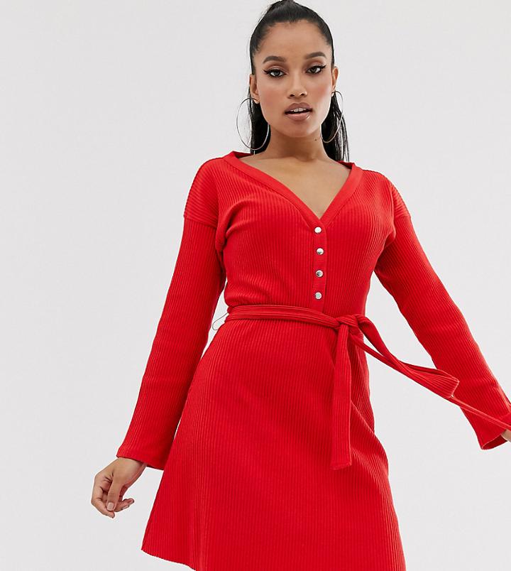 Asos Design Petite Super Soft Rib Fallen Shoulder Mini Dress - Red
