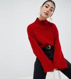 Boohoo Petite Ribbed Wide Sleeve Sweater In Red - Pink