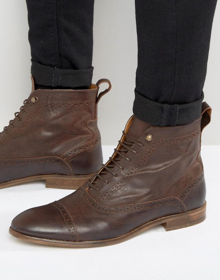 Asos Lace-up Boots In Brown Leather - Brown