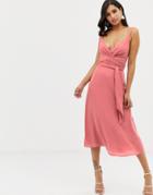 Asos Design Cami Wrap Midi Dress With Tie Waist-pink